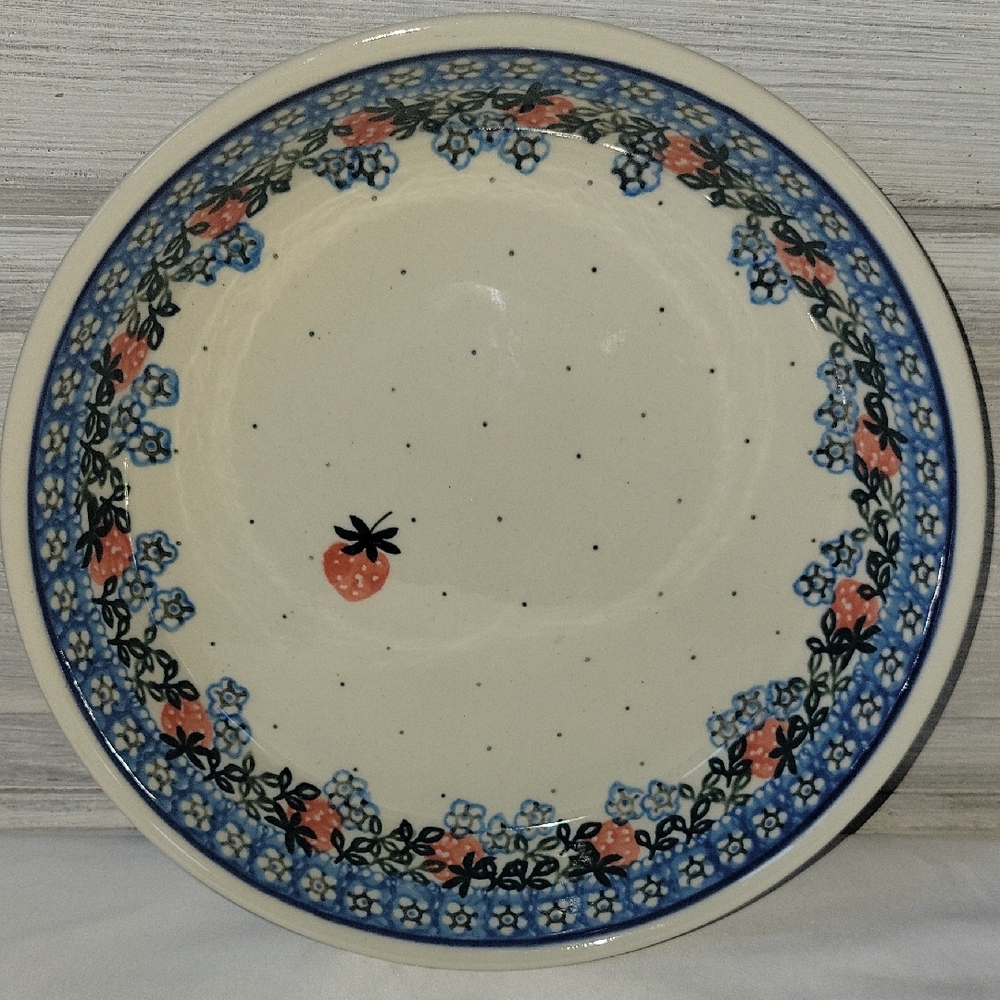 Polish Pottery Floral Blue and Cream Ceramic Bowl With Strawberries - Picture 3 of 13